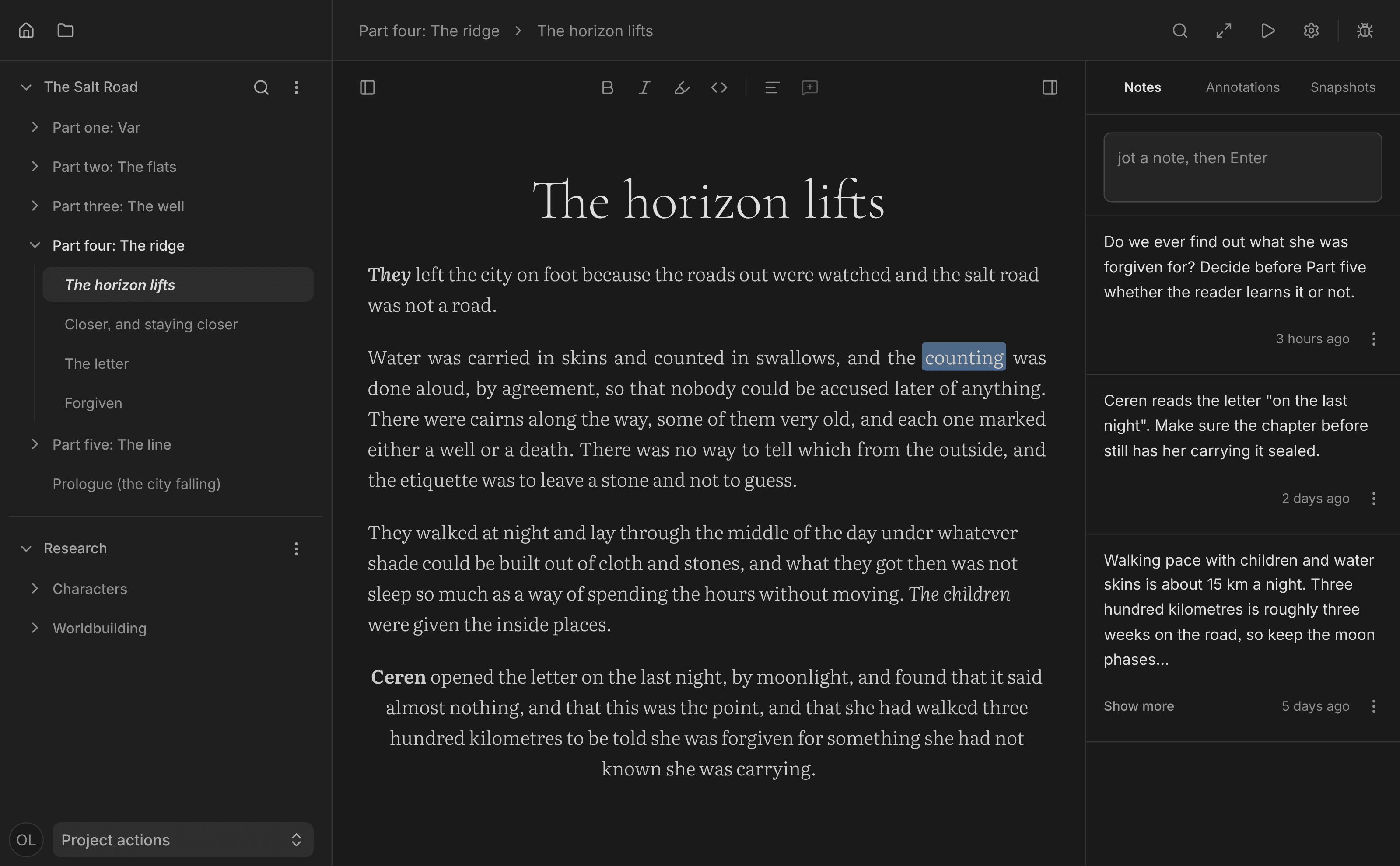 The Spleen editor with a document’s notes open.