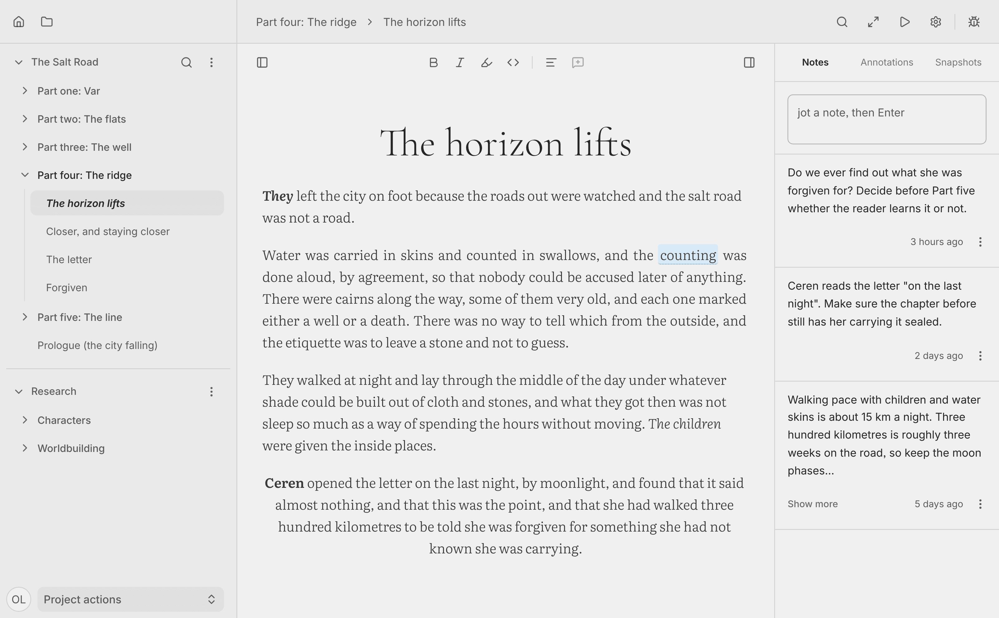 The Spleen editor with a document’s notes open.