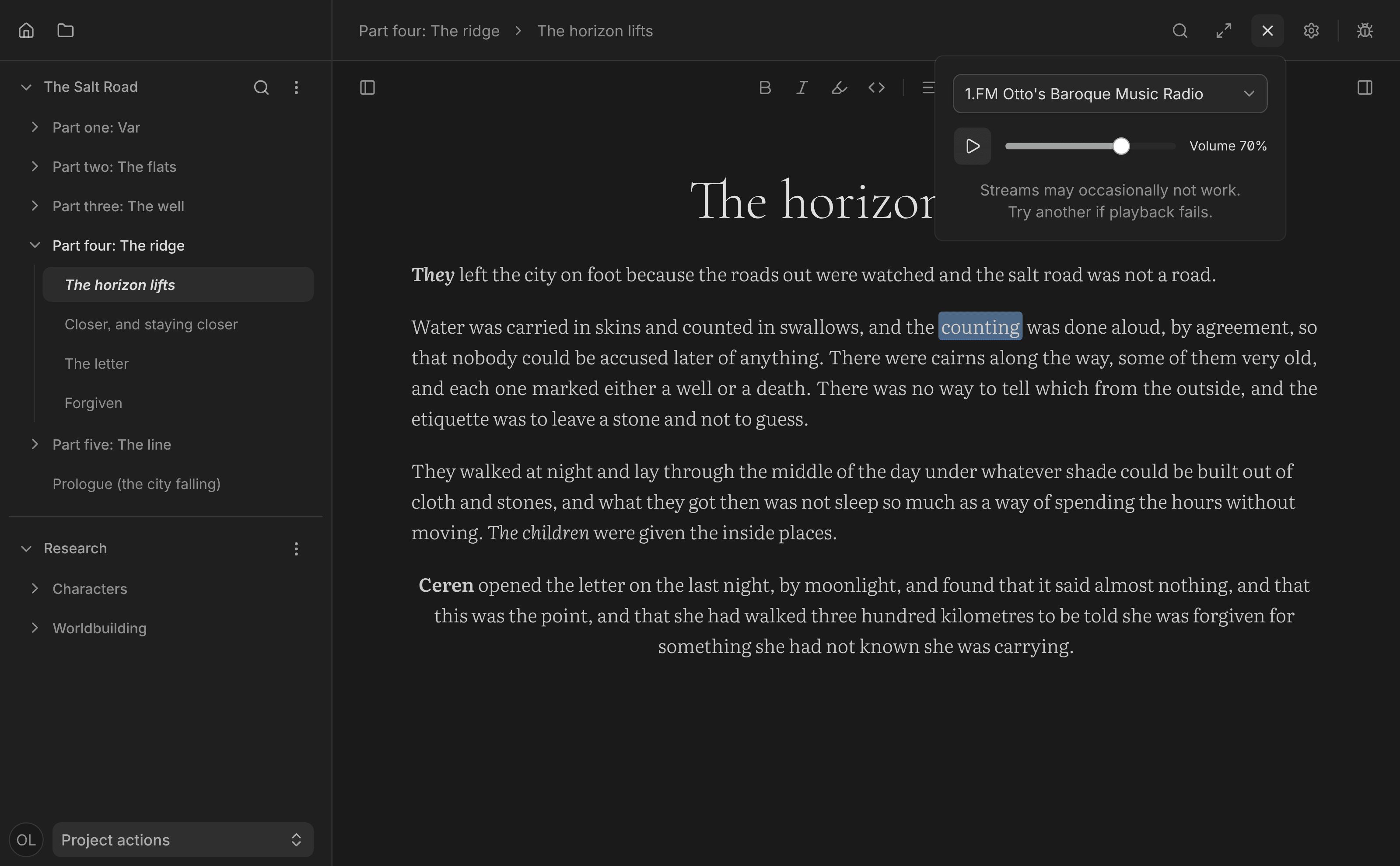 The Spleen editor with the radio open.