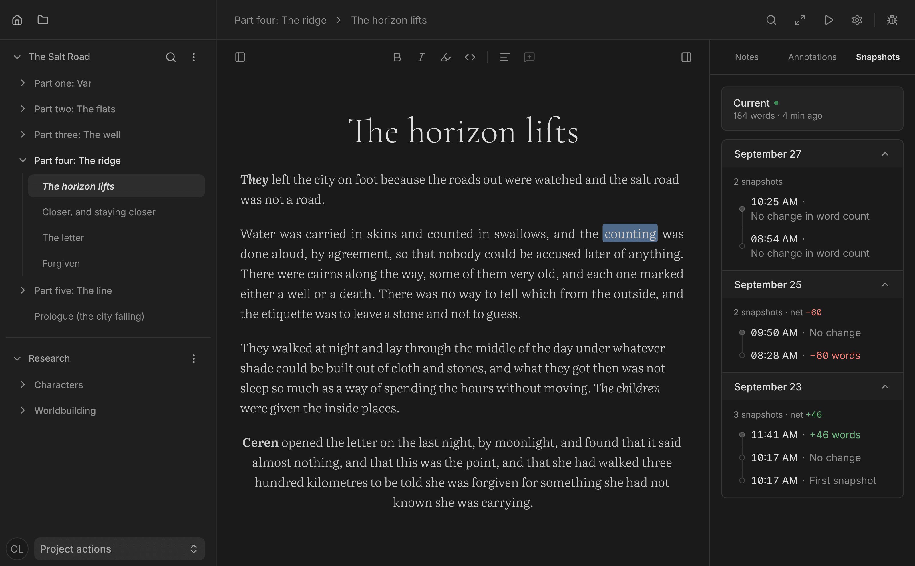The Spleen editor with a document’s snapshots open.
