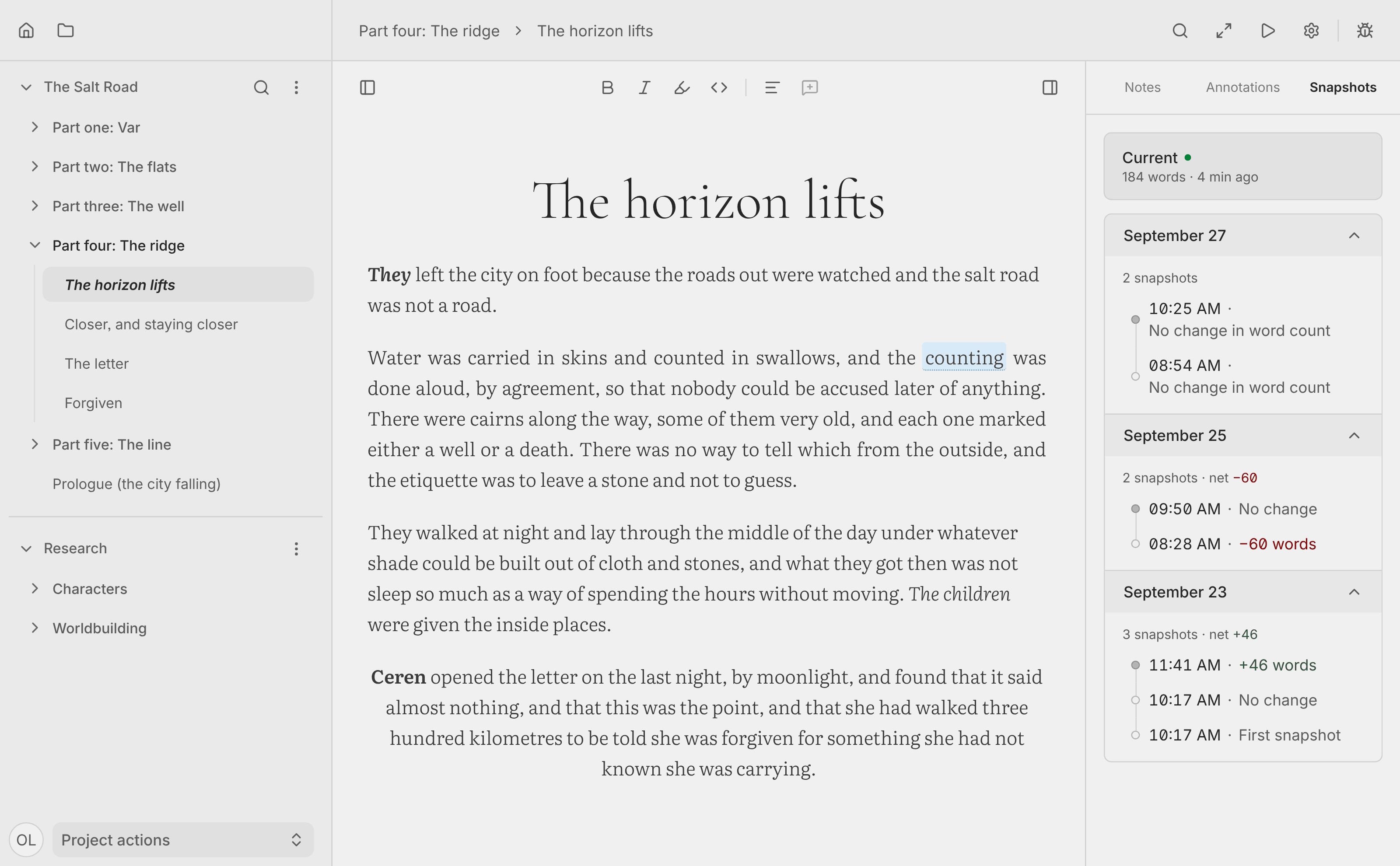 The Spleen editor with a document’s snapshots open.