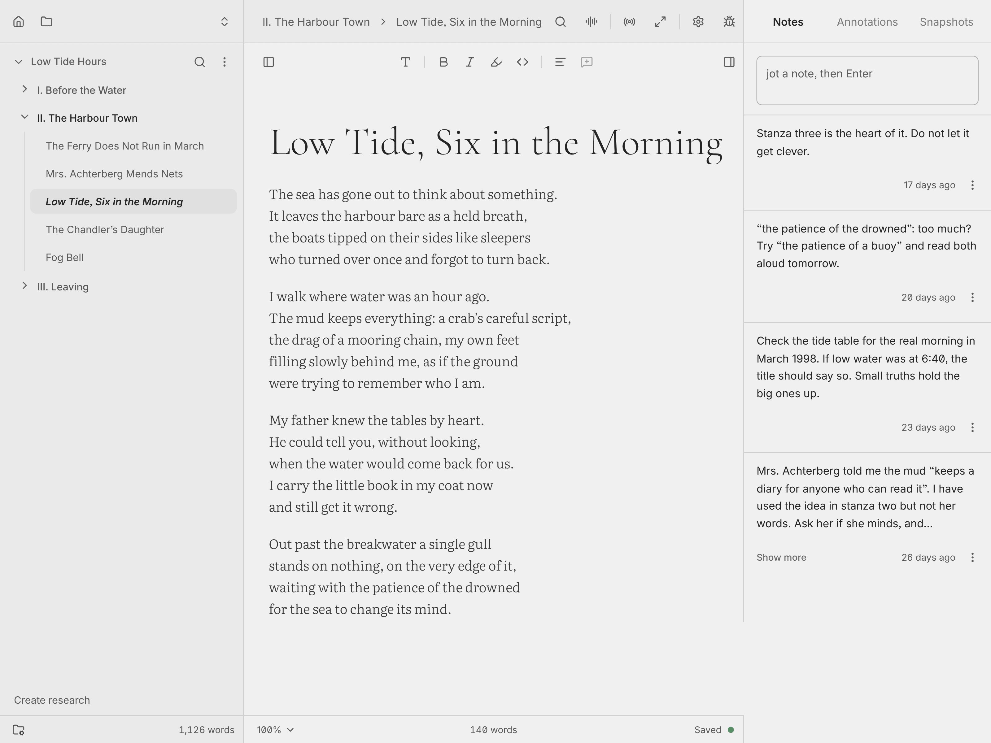 The Spleen editor with a document’s notes open.