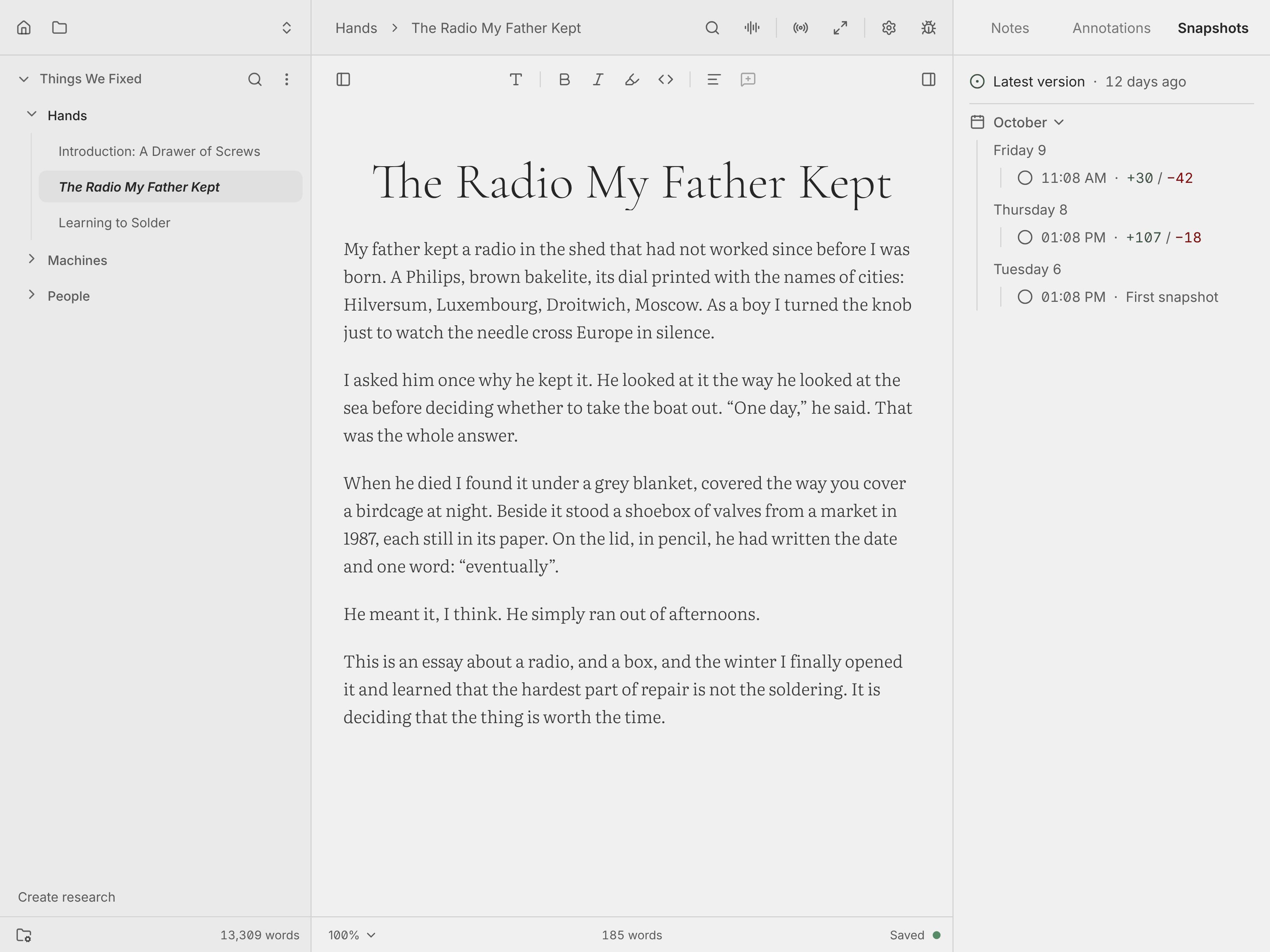 The Spleen editor with a document’s snapshots open.